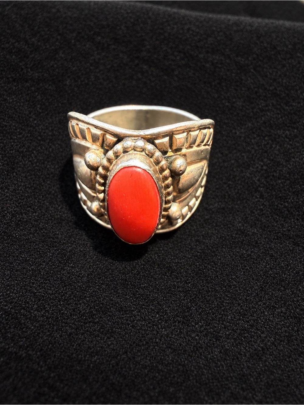 Derrick Gordan Navajo Mediterranean coral ring sterling silver SS 7.5